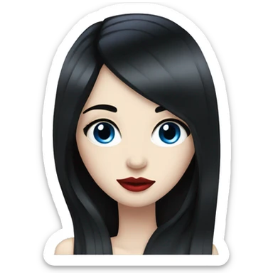 A girl with pale skin, long straight black hair, blue eyes with long eyelashes, red lips sticker