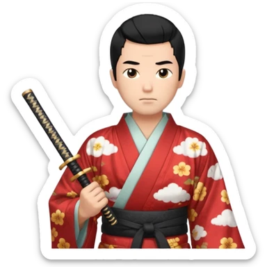  man with black hair and a fade in a kimono with cloud print holding katana sticker
