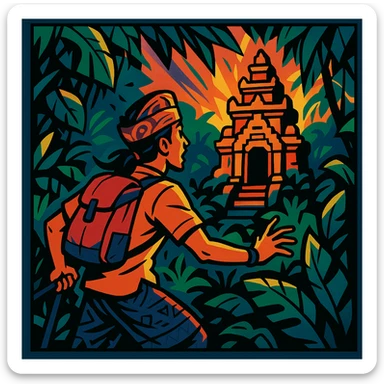 comic book panel of a Bali nomad discovering a hidden jungle temple, dramatic lighting, bold comic lines, energetic pose, lush tropical foliage, vibrant colors sticker
