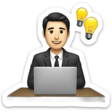 A white man with black hair working on a laptop with a lightbulb above his head sticker