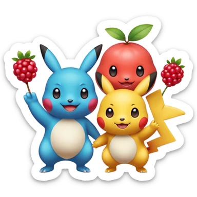Three Pokémon characters showing kindness and teamwork. One Pokémon is handing a berry to another, while the third Pokémon is cheering and clapping happily. They look joyful and friendly, standing close together in a bright, colorful cartoon scene. The style is cute, playful, and emoji-like. sticker