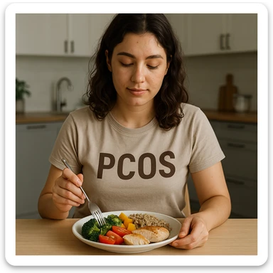 young woman with PCOS sitting at a table, eating a colorful plate of vegetables, whole grains, and lean proteins, serene atmosphere, realistic details, modern kitchen background sticker