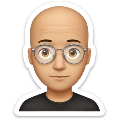 Light brown skinned Latino man with oval face, aviator glasses, completely bald sides with extremely short dark curly hair only on crown, friendly neutral expression, casual black t-shirt sticker