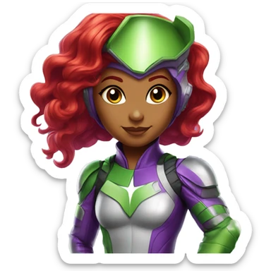 dc comics starfire red hair; purple silver spacesuit; eyes green sticker