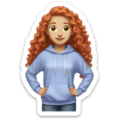 a white girl with long red curly hair, wearing a pastel periwinkle hoodie doing a pose sticker
