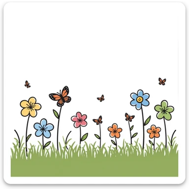 spring theme with blooming flowers, green grass, butterflies, and sunshine in pastel colors dd9fb0, ffc6d3, a3bfc9, c4bee2, f1b091, detailed hand-drawn doodle style sticker
