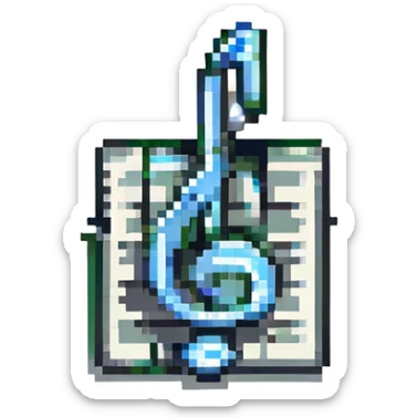 A pixel art style business card with a black background and pink text, featuring a pixelated music note icon. sticker