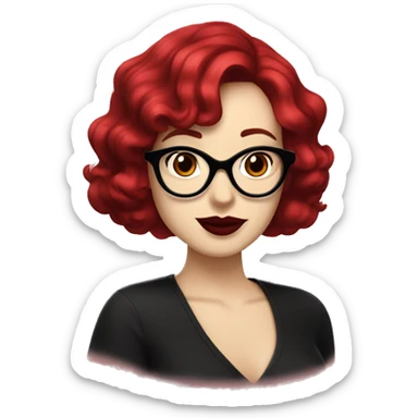 Woman with red wavy bobcut and black cateye glasses, pale skin and red lipstic sticker