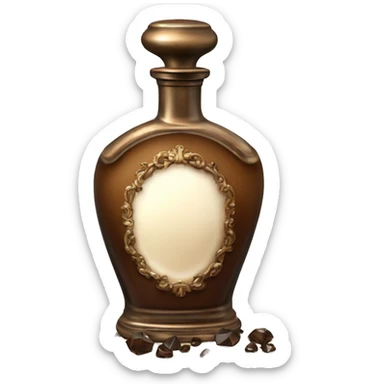 Antique parfumerie bottle with oil, made of bronze and brown crystals, white cream and coffee milk pour from the bottle sticker