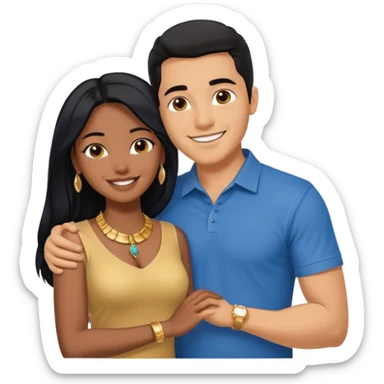 smiling embracing interracial couple from waist up. ebony woman with long hair and jewelry. brazillian man short hair wearing blue. sticker