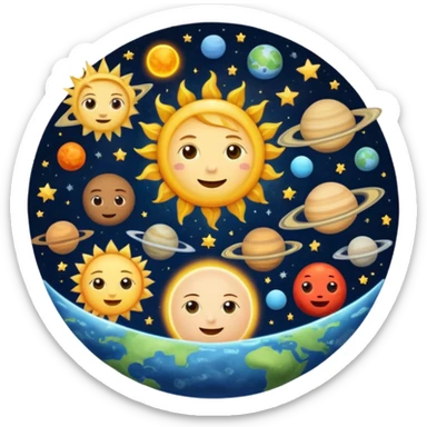 landscape image of the sun as a king, surrounded by the moon, Mercury, Venus, Earth, Mars, Jupiter, Saturn, Uranus, and Neptune, all floating in space, each planet with a cute expressive face, in emoji style sticker