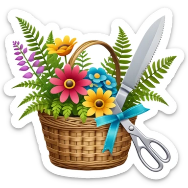 Icon for Floristry: a woven basket with flowers, reeds, ferns, bright ribbons and a small plush toy. Add big garden scissors and knife above. The icon should represent creativity in flower arrangement and decorative design. Transparent background. sticker