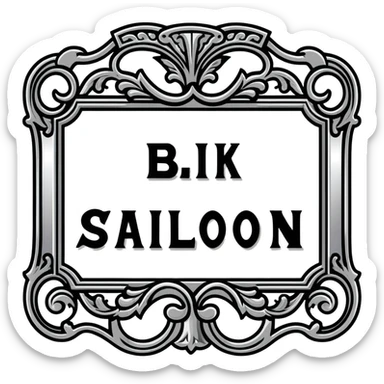 connected BLK letters in western saloon font style with silver outline, transparent background, old west typography, black text with ornate silver frame sticker