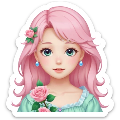 Gorgeous pastel anime style lady with blushing face and roses cottagecore fairycore pastelcore shiny colorful pearly aesthetic trending style sticker