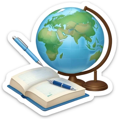 Create an emoji representing language translation. The design should feature just one globe in the background, symbolizing international communication. In front of the globe, place two books or sheets of paper with texs on them and a pen nearby to indicate the act of writing. Use a clean and professional color palette with blues, greens, and neutral tones. Make the background transparent. sticker