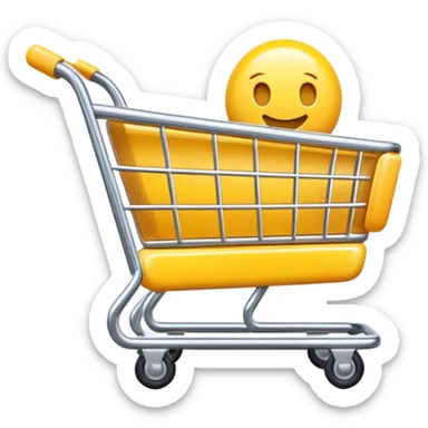 3D glossy yellow shopping cart icon, cute and minimalistic style, e-commerce emoji design, smooth plastic texture, isolated on transparent background, high resolution, soft lighting, no text sticker