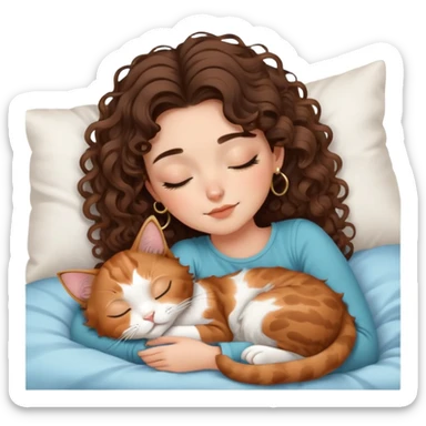 cute balayage brunette curly/wavy haired girl, hoop earrings clean girl makeup sleeping beauty laying next to her sleeping calico cat  sticker