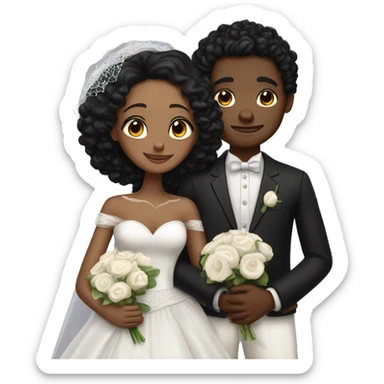 African Bride and Groom. Medium Brown skin. Black long curly hair. Short black haircut. Hugging each other. Eyes closed. sticker