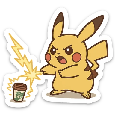 playful style Pikachu zapping a Starbucks cup to shrink it sticker