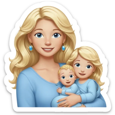 Wavy blonde, white woman with blue eyes, freckles hoop earrings, holding babies smiling and really cute in gold hoops she needs to be holding three newborns, and she needs to be more cute than pretty sticker