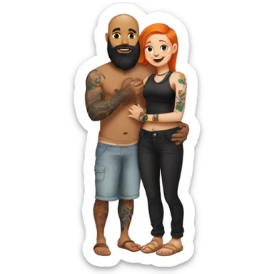 Indian Beard guy with bald head and tattoos on left hand hugging a ginger hair Croatian girl with septum ring and tattoos on right hand full body length  sticker