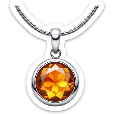 extreme close up of a round cut holographic amber charm with silver metal accent and snake chain sticker