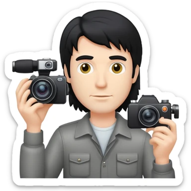 a white man with black mullet hair holding a foto camera sticker