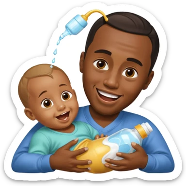 Sean “Diddy” Combs with baby oil and a very small infant and he’s pouring the baby oil on the infant that is laughing with a very exaggerated expression sticker