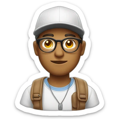 Joven con lentes redondo, piel clara, sin barba, gafas redondas, camisa blanca y gorra blanca.  sticker