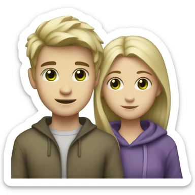 pale skin boy with dirty blond hair and green eyes hugging paleish tannish skin girl with brown eyes and purple hair sticker