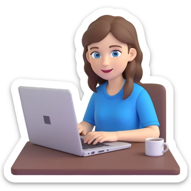white girl, brown hair, blue eyes, typing on a laptop, relaxed and happy sticker