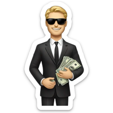 white handsome man with lot of dollars in hands wearing elegance suit and black shades sticker