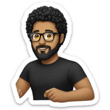 men with black curly hair and beard and golden glasses in black t-shirt work hard on computer sticker