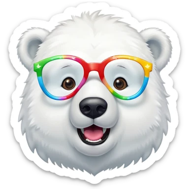 close up headshot of a friendly anthropomorphised polar bear with excited expression wearing large multicolored star-shaped glasses sticker