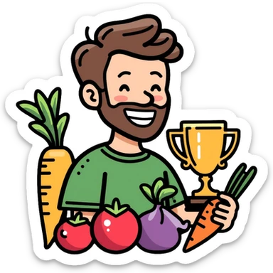 Happy gardener with trophy and prize vegetables sticker