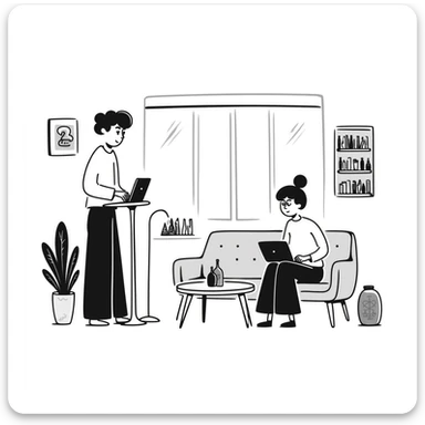 escenary 3d of a cozy mid-century living room with two people working on laptops, one man standing at a desk and one woman sitting on a couch, two walls and floor visible sticker