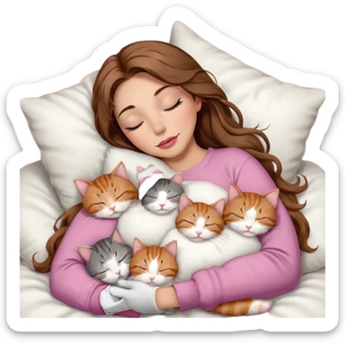girl with long wavy brown hair, brown eyes, long lashes makeup, sexy pink lips, light to medium complexion,  sleeping on a cozy pillow, with 6 cats: 1 brown and white tabby cat, 1 ginger and white, 2 grey and white, 1 grey with white mittens and small white patch on chest and 1 calico, sleeping sticker