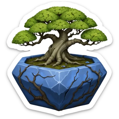 Alien very old broken cracked intricate Stone Age rocky-crusted dodecahedron-shaped shallow dark moss rough bark blue willow flowered maple tree bonsai pot sticker