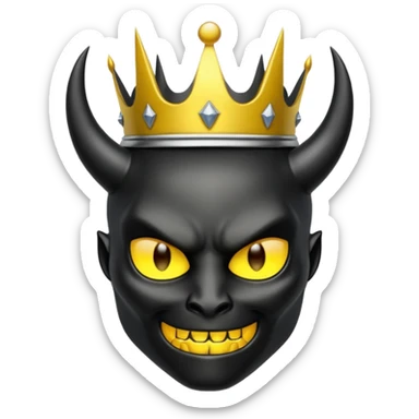 White background, metallic black devil in the middle with drawn yellow halo/crown above its head sticker