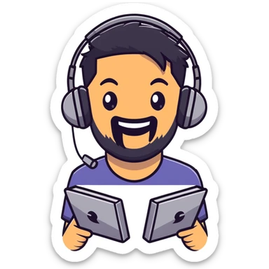 anime style laughing man with black hair, brown eyes, black beard wearing gaming headset sticker