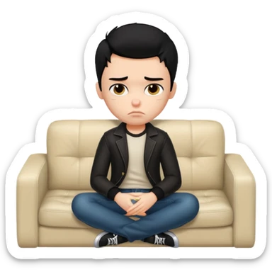 a pretty bratz boy with black hair and fat on a sofa looking sad sticker