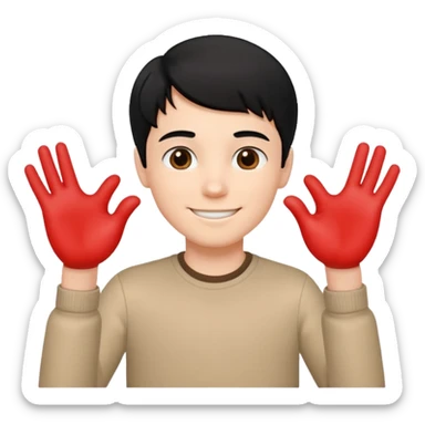 White boy with black hair holding up hands in the shape of a heart sticker