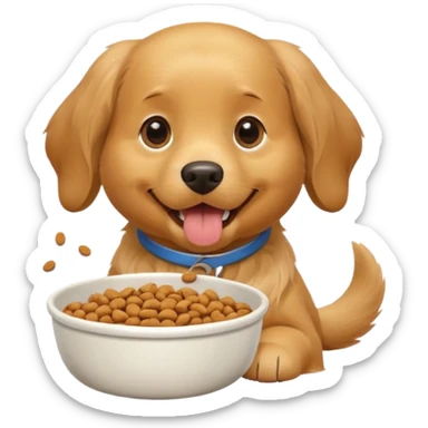 dog with dog food in bowl in front of him, happy expression sticker