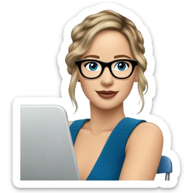 Realistic Photo of Brunette Jennifer Lawrence wearing black glasses and blue eyes talking on their laptop  sticker