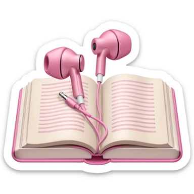 pink Pink Apple-style earbuds lying on an open book, soft pastel tones, cozy and minimal aesthetic, realistic lighting and shadows, top-down view, transparent background" sticker