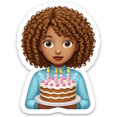 Brown Curly haired girl with a cake sticker