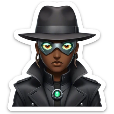 A dystopian bounty hunter, black trench coat, cybernetic eye glowing sticker