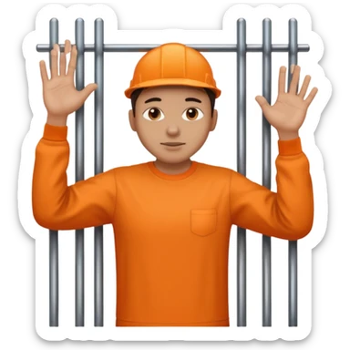 prisoner with orange shirt, many metal bars in front of him and he touches the bars sticker
