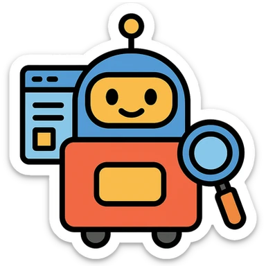 simple modern icon of SEO robot crawler with friendly robot face, magnifying glass, web elements, minimal color, clean lines sticker