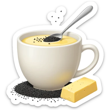 white cup of sugar and black sesame seeds and bar of butter without a face sticker